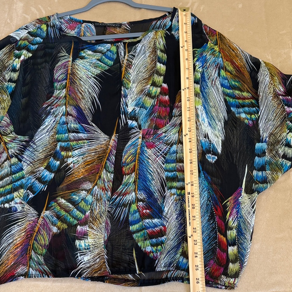 Coco Bianco Black Sheer Multicolor Feather Print Blouse/Top  Size L-XL - Picture 7 of 8